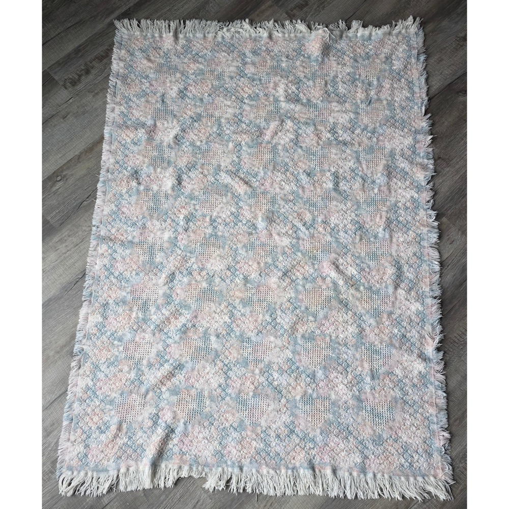 Vintage Pastel Heart Woven Tapestry Throw Blanket Pink Blue Fringe 48x60